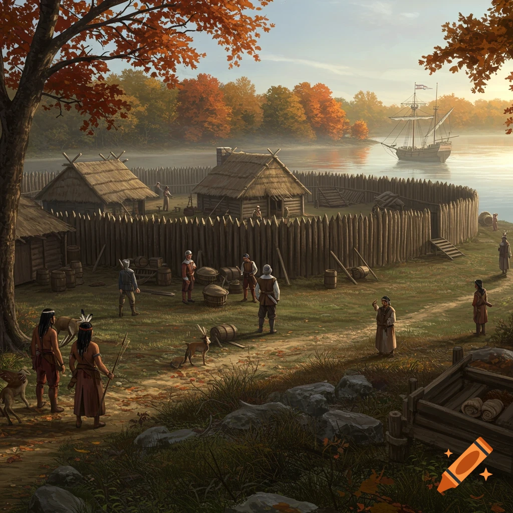A historical settlement by a river with a tall ship, featuring wooden palisades, thatched huts, and people in period attire amidst autumn trees.
