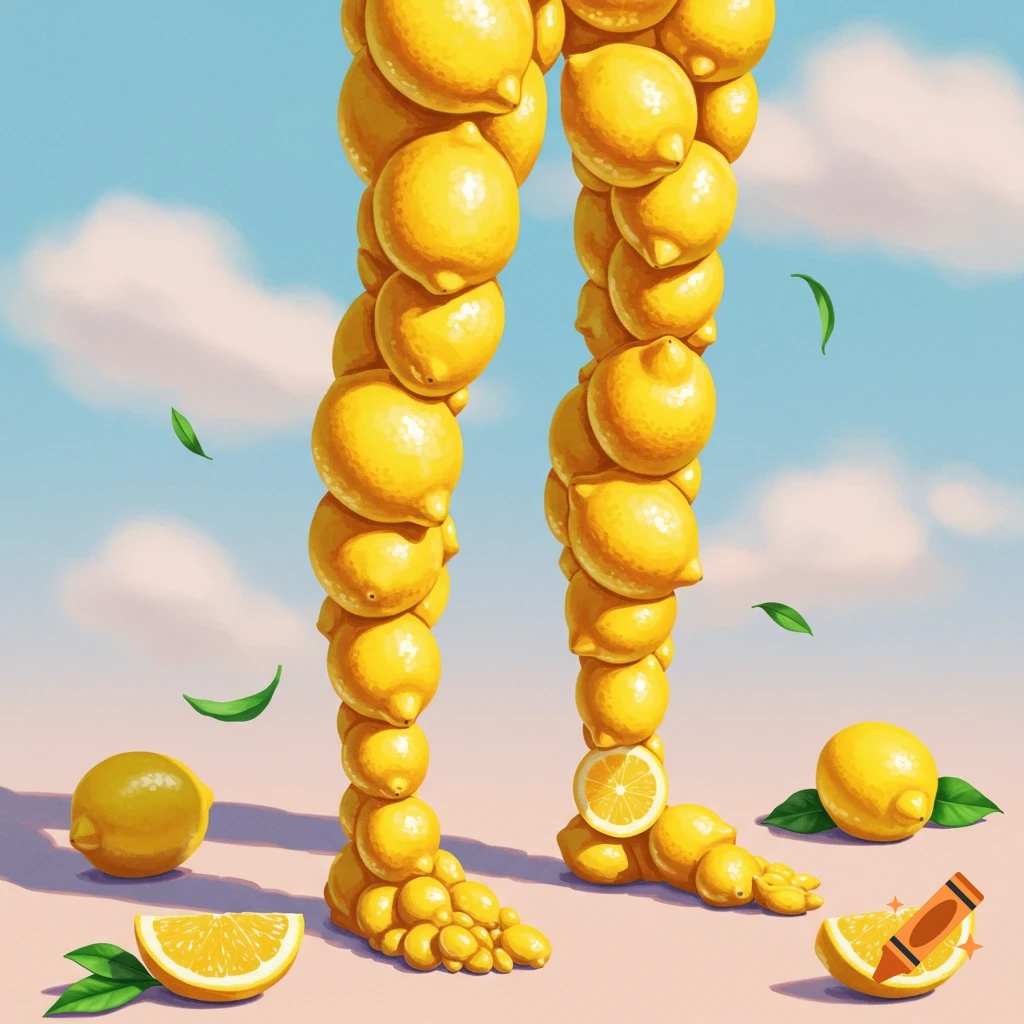 Two legs made of lemons stand on a pink surface under a blue sky, with loose lemons and slices nearby.