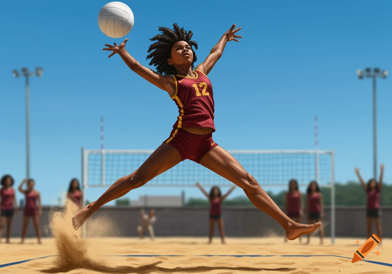A Black woman in a maroon and gold jersey jumps to hit a volleyball on a sunny beach court, with sand kicking up from her foot.