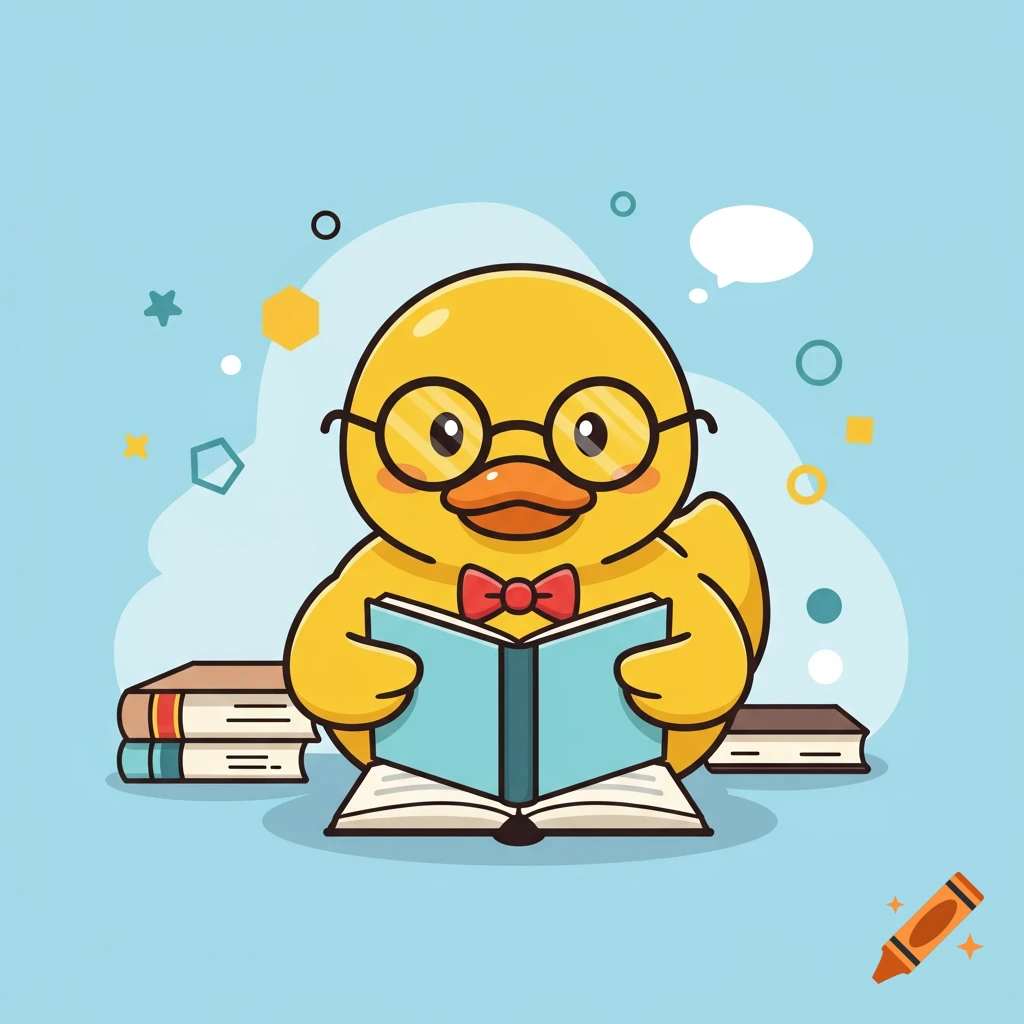 Cute cartoon rubber duck wearing glasses and a bow tie, engrossed in reading a book, with a stack of books nearby.