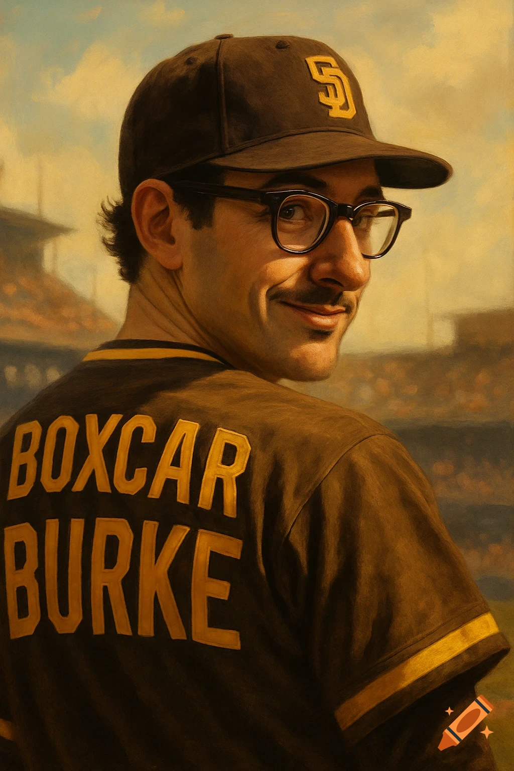 A man in a baseball uniform with 'BOXCAR BURKE' on the back and an 'SD' hat, looking over his shoulder at a baseball stadium, in a painterly style.