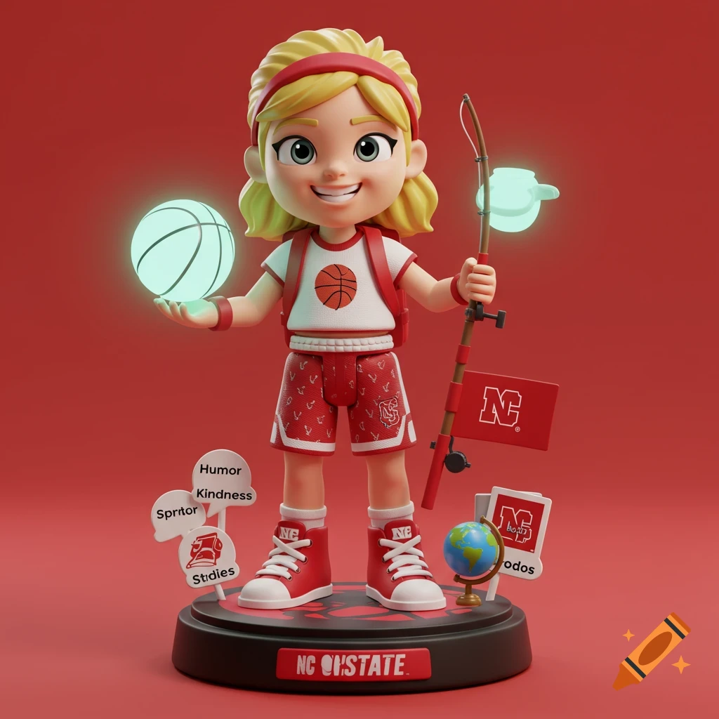 A 3D render of a cartoon-style action figure of a blonde girl in a red and white basketball uniform, holding a glowing basketball and a fishing rod. The figure stands on a black display base with small signs displaying various icons and text.