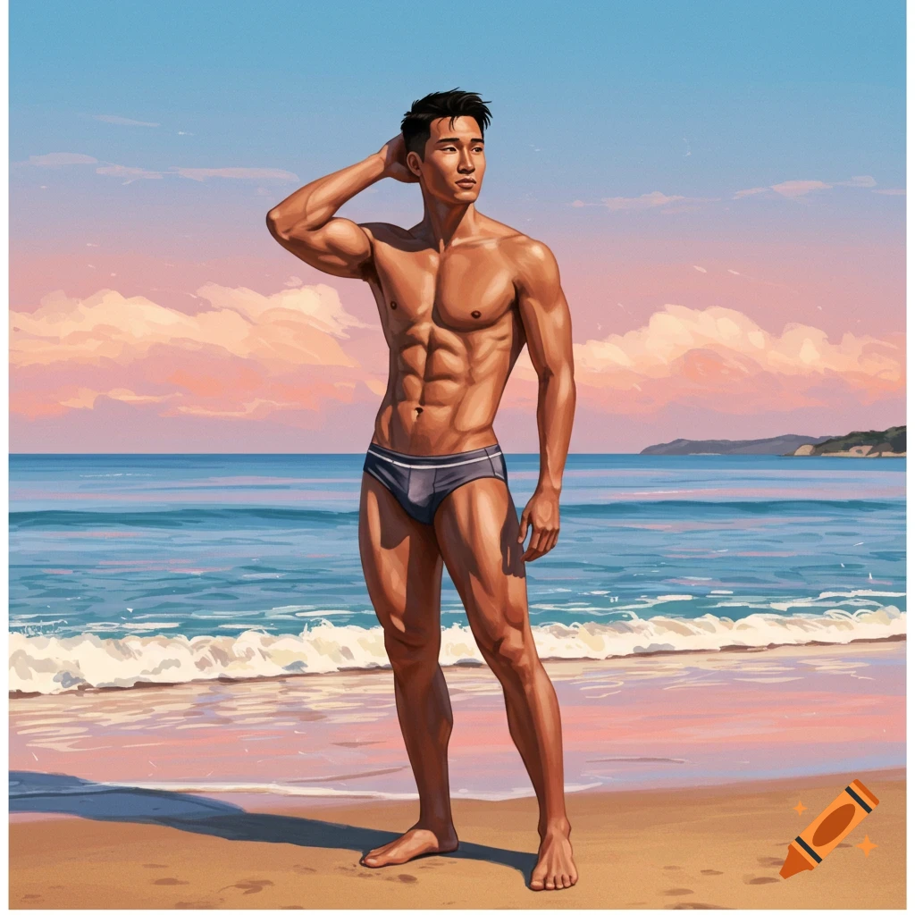 Illustrated toned Asian American man in swim briefs stands on a sunny beach by the ocean.
