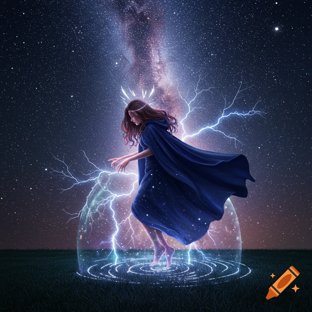 A woman in a blue cloak stands in a shimmering forcefield with lightning under a starry Milky Way sky.