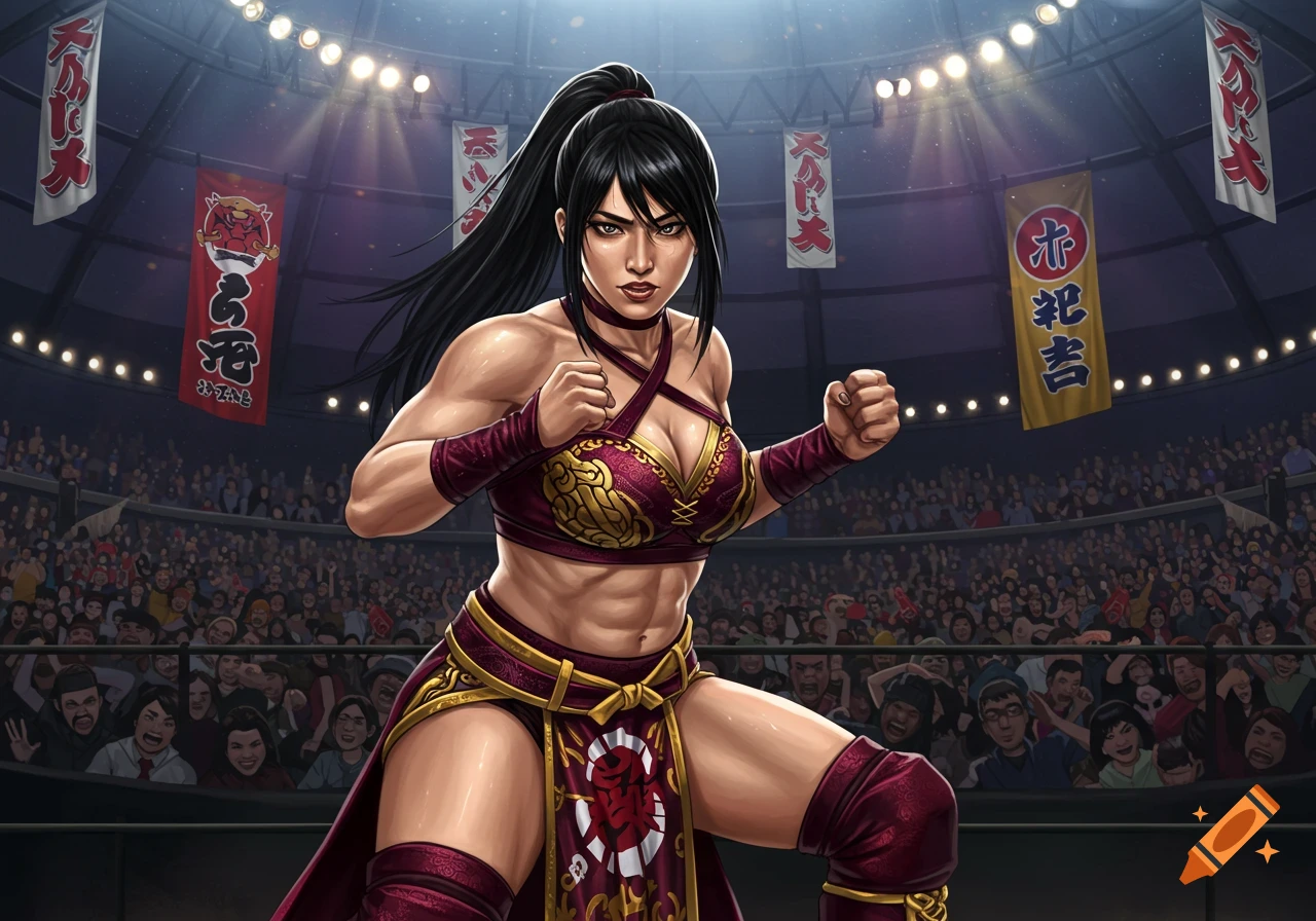 A muscular Japanese female wrestler in a red and gold outfit stands in a wrestling ring, ready to fight, with a crowd in the background.