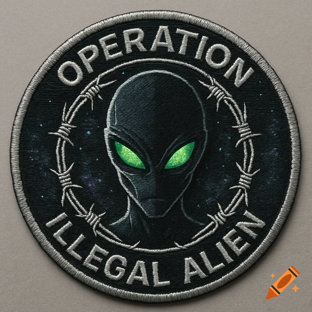 A round embroidered patch featuring a dark alien head with glowing green eyes, surrounded by barbed wire, with the text 'OPERATION' at the top and 'ILLEGAL ALIEN' at the bottom.