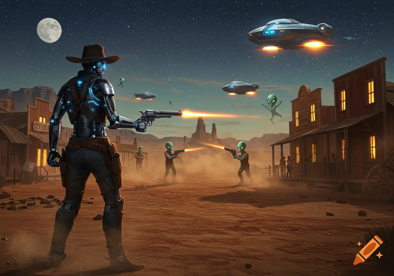 Robot cowboy battles green aliens in a dusty Old West town at night, with spaceships overhead.