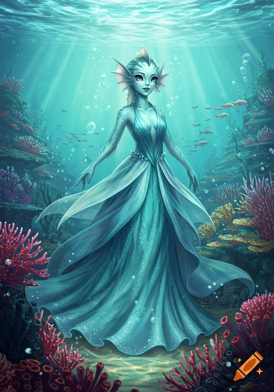 A humanoid fish lady in a flowing blue dress stands underwater amidst colorful coral and small fish, with light rays from the surface.