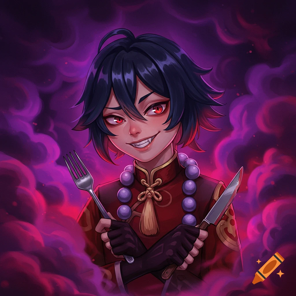 An anime-style character with dark hair, red eyes, and fangs, smirking and holding a fork and knife, surrounded by purple smoke.