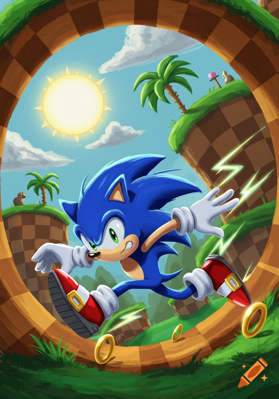 Sonic the Hedgehog runs through a circular path in a colorful, stylized green hill zone with rings, palm trees, and a bright sun.