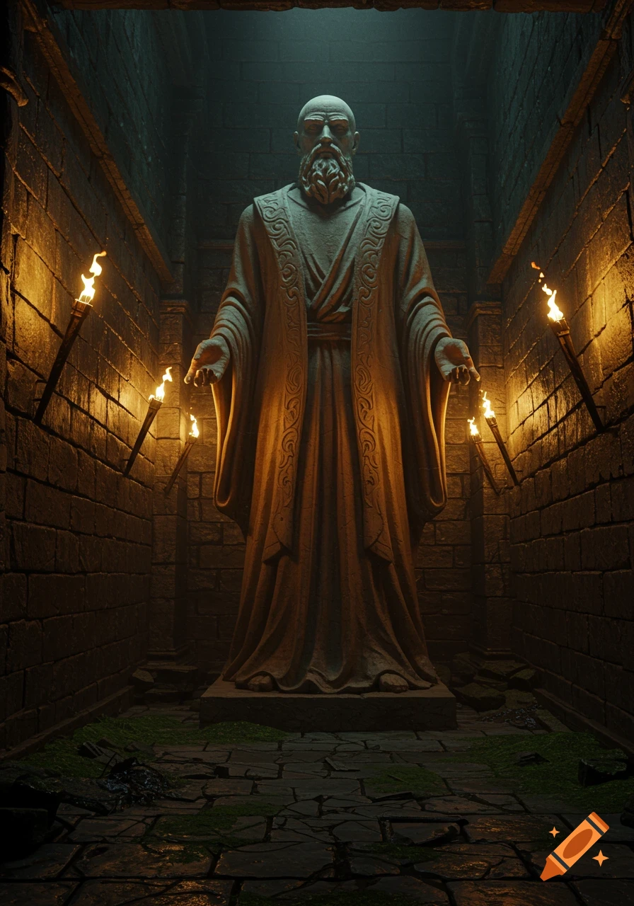 A fantasy-style stone statue of a bald, bearded man in robes stands in a torch-lit dungeon.