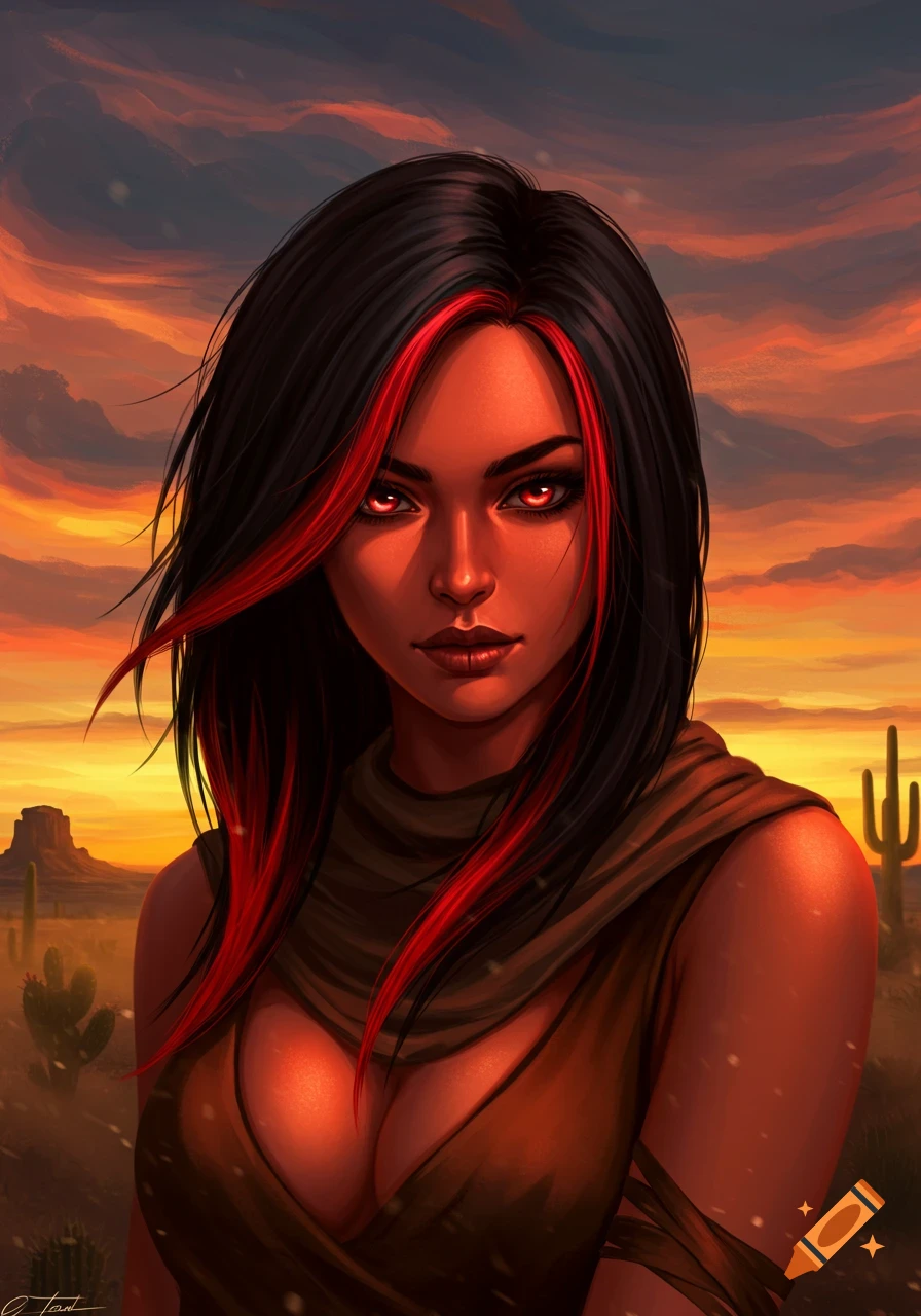 Artistic portrait of a woman with red skin and red-streaked black hair, red eyes, in a desert sunset with saguaro cacti.