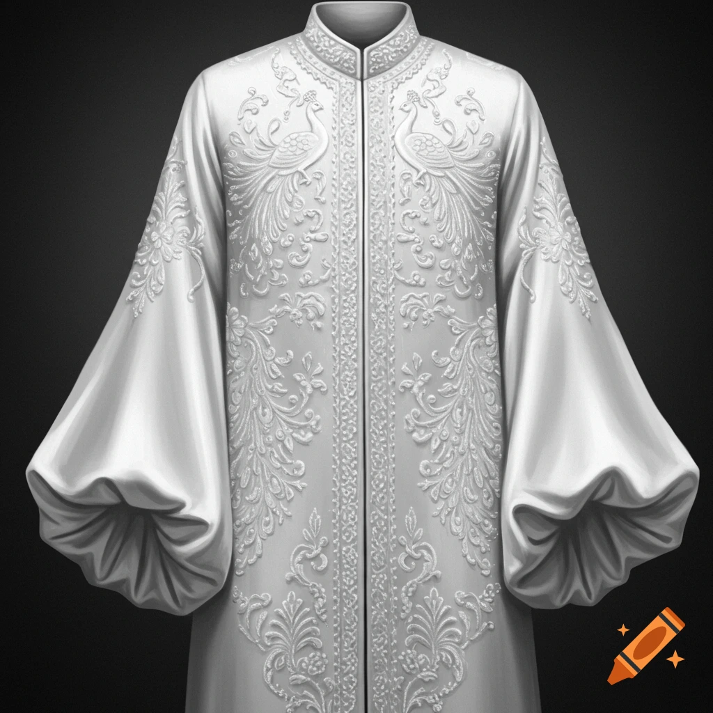 An elegant white robe with intricate white embroidery, featuring peacock motifs and voluminous sleeves, against a dark background.