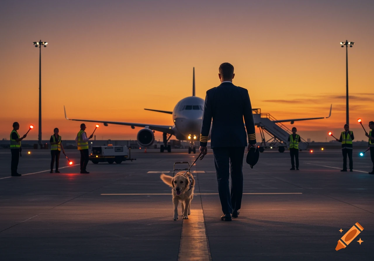 A photorealistic image of a pilot with a guide dog walking towards an airplane on an airport tarmac at sunset, with ground crew present.
