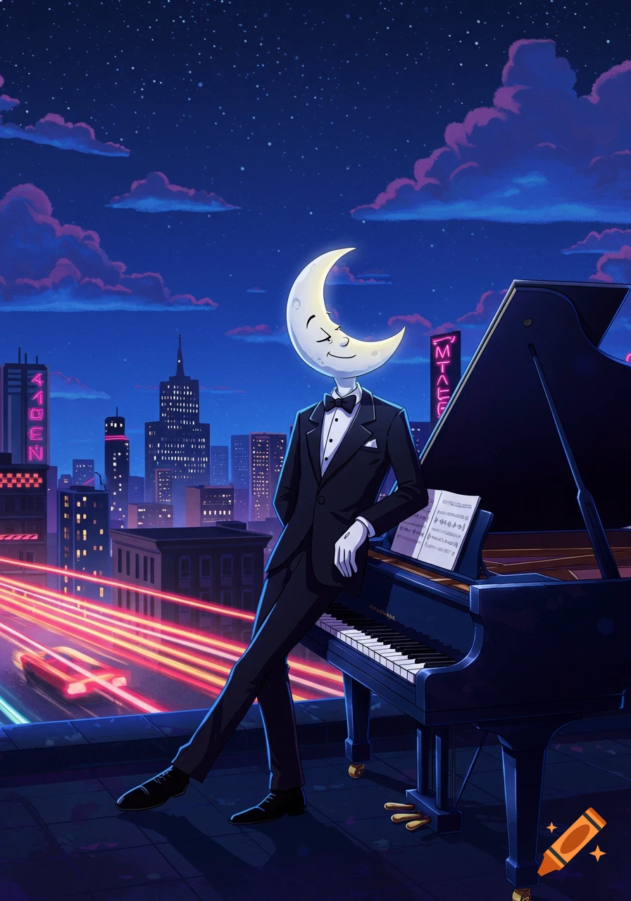 A cartoonish moon-headed man in a tuxedo leans on a grand piano on a city rooftop at night, with neon-lit buildings and starry sky.