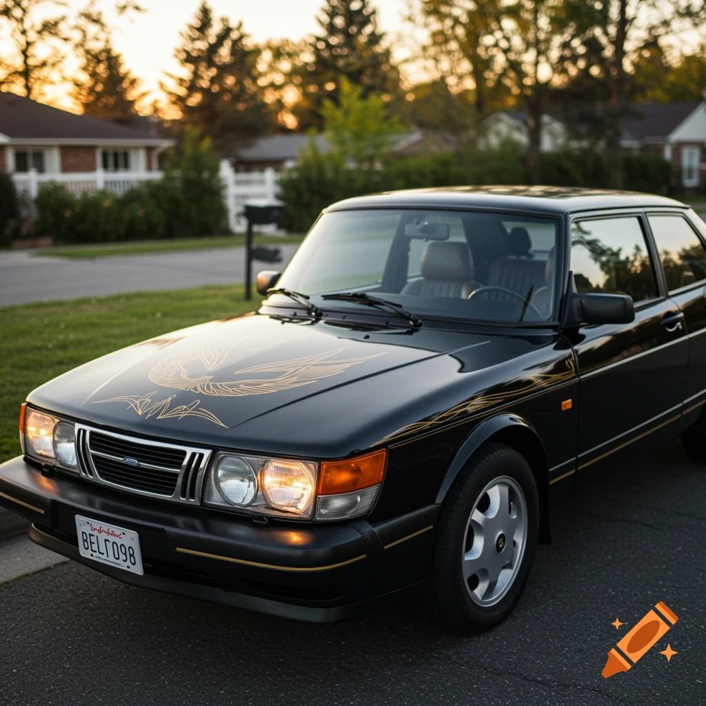 A black Saab 900 with a gold bird decal on the hood, parked on a suburban street at sunset.