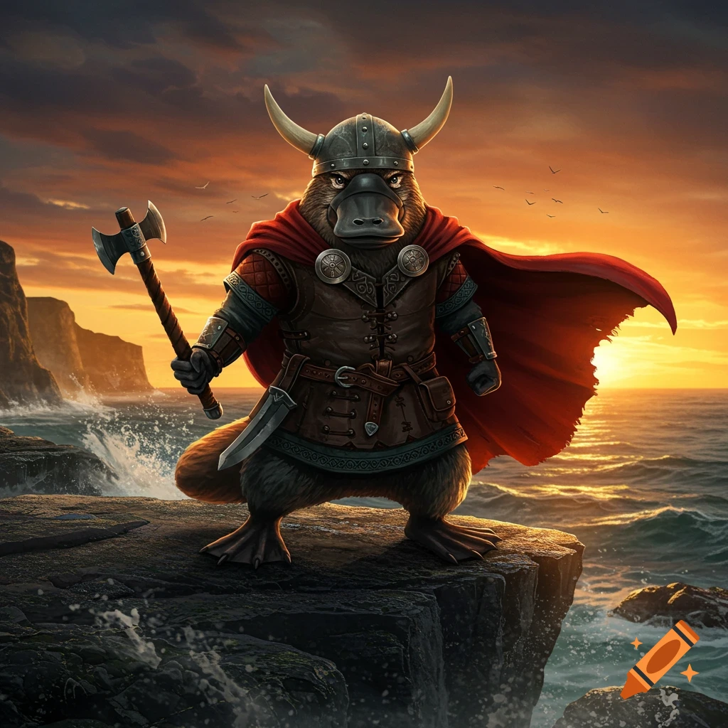 An anthropomorphic platypus dressed as a Viking warrior, standing on a rocky cliff with an axe at sunset.
