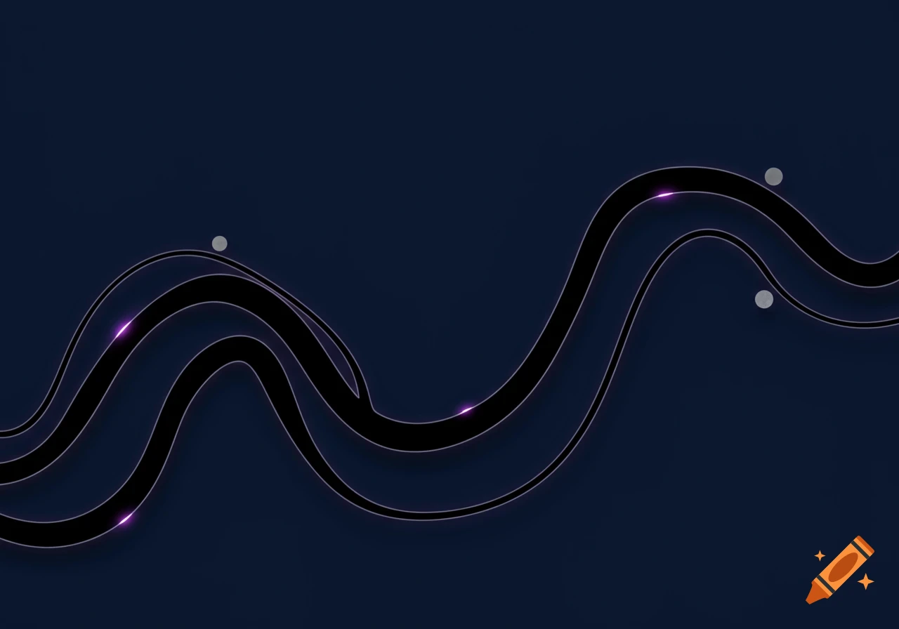 Abstract pattern of dark, wavy lines with subtle purple glows and grey dots on a dark blue background.