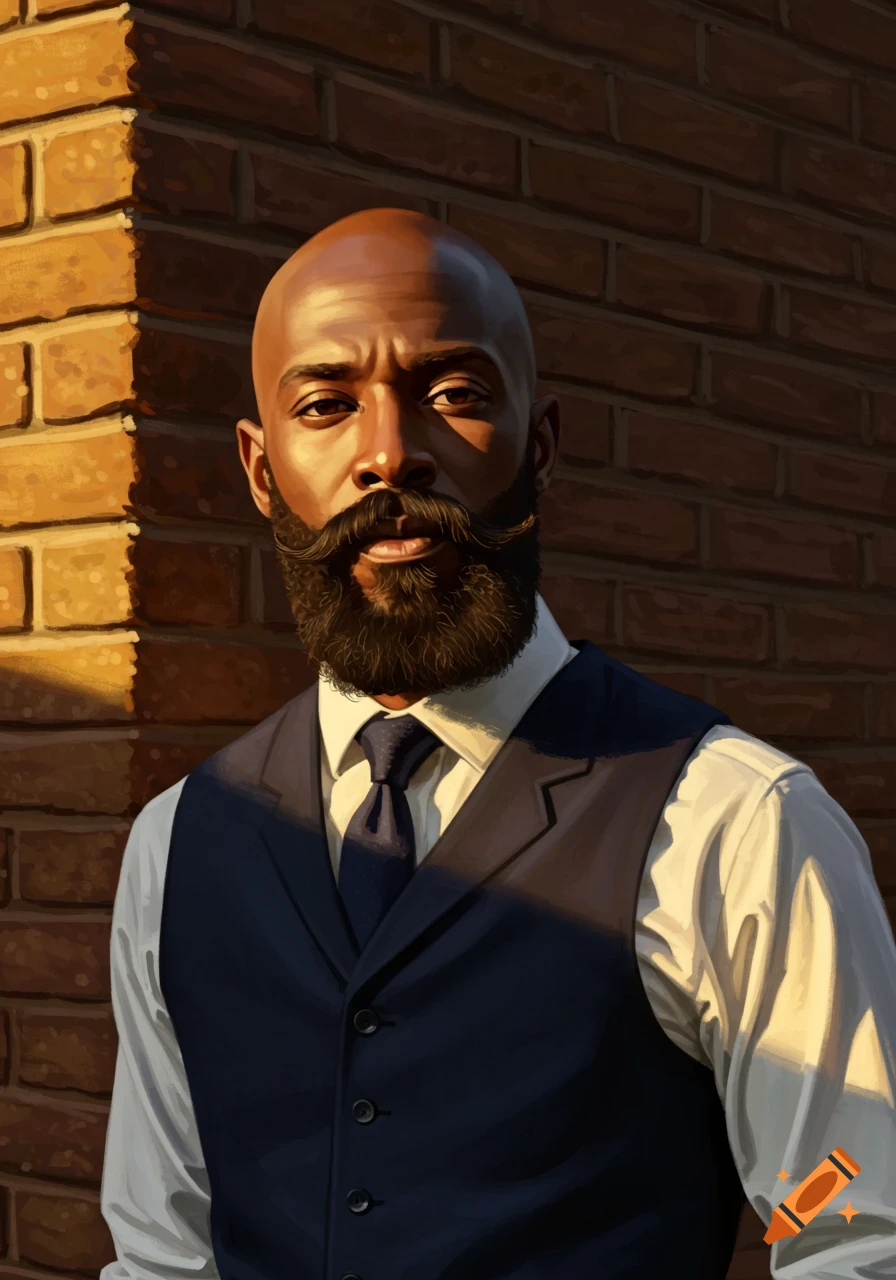 A striking portrait of a bald Black man with a distinctive beard, wearing a suit and tie, standing next to a brick wall in sunlight.