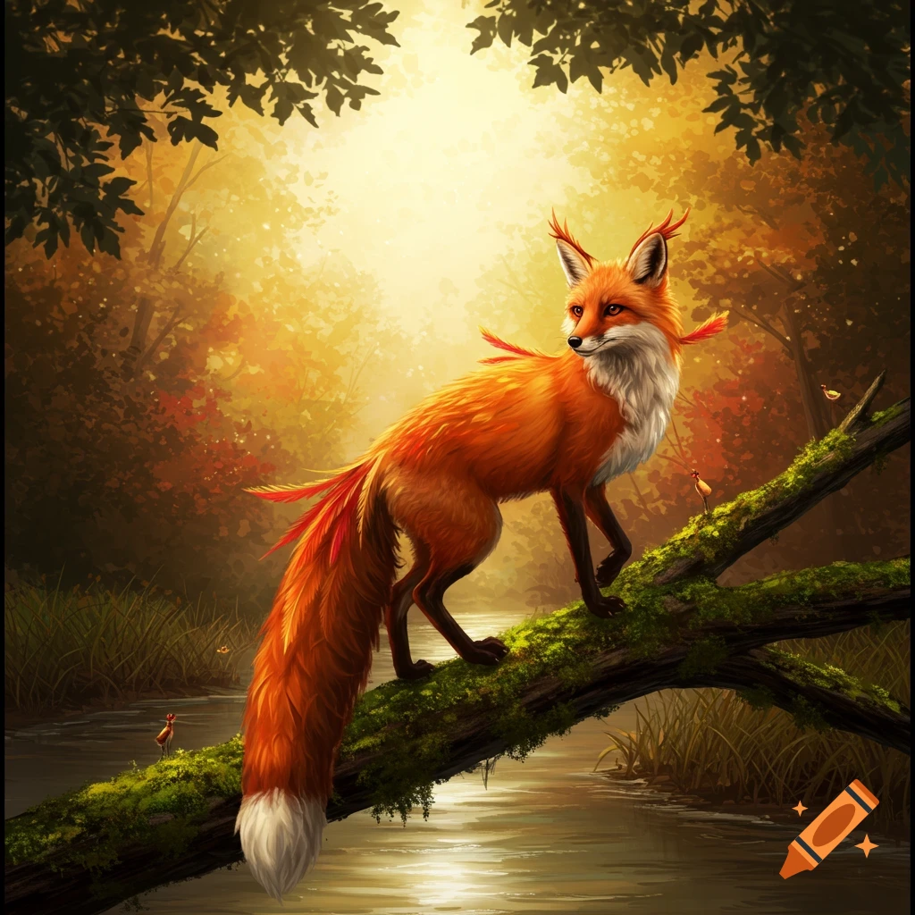 A vibrant orange fox-like creature with bird feathers on its ears and tail stands on a mossy log over a river in a sunlit autumn forest, digital art.