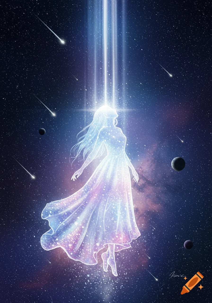 A glowing, translucent woman in a flowing dress ascends through a starry cosmos with planets and shooting stars.