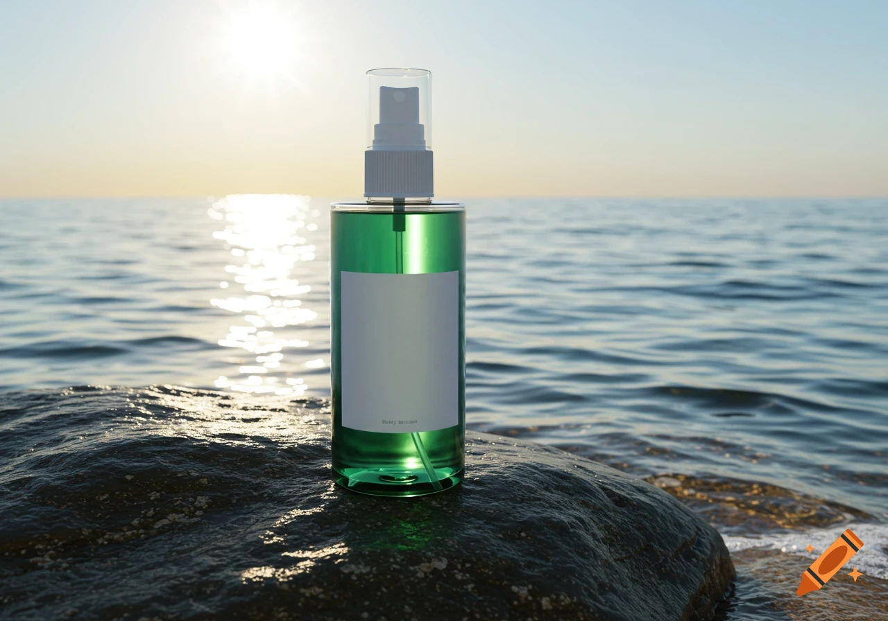 A green spray bottle with a white label on a wet rock by the ocean at sunset, with sunlight glinting on the water.