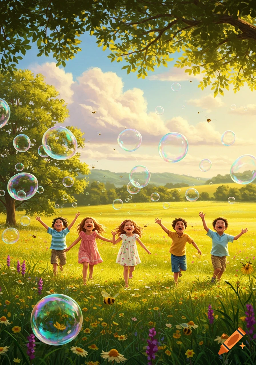 Five happy children running through a sunlit meadow filled with flowers, reaching for colorful bubbles floating in the air.