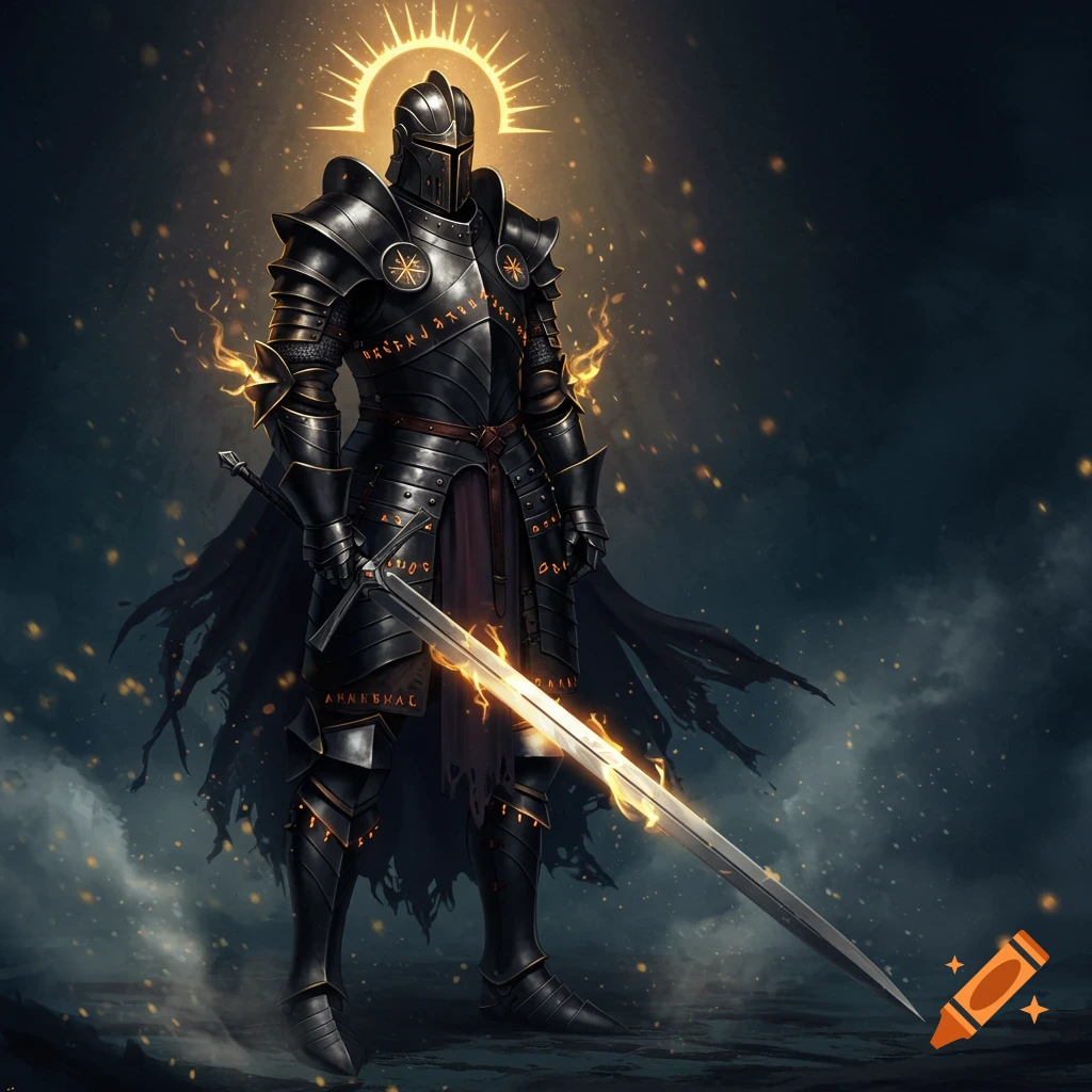 A knight in black full plate armor with a glowing halo and a flaming sword, standing in a dark, magical setting.