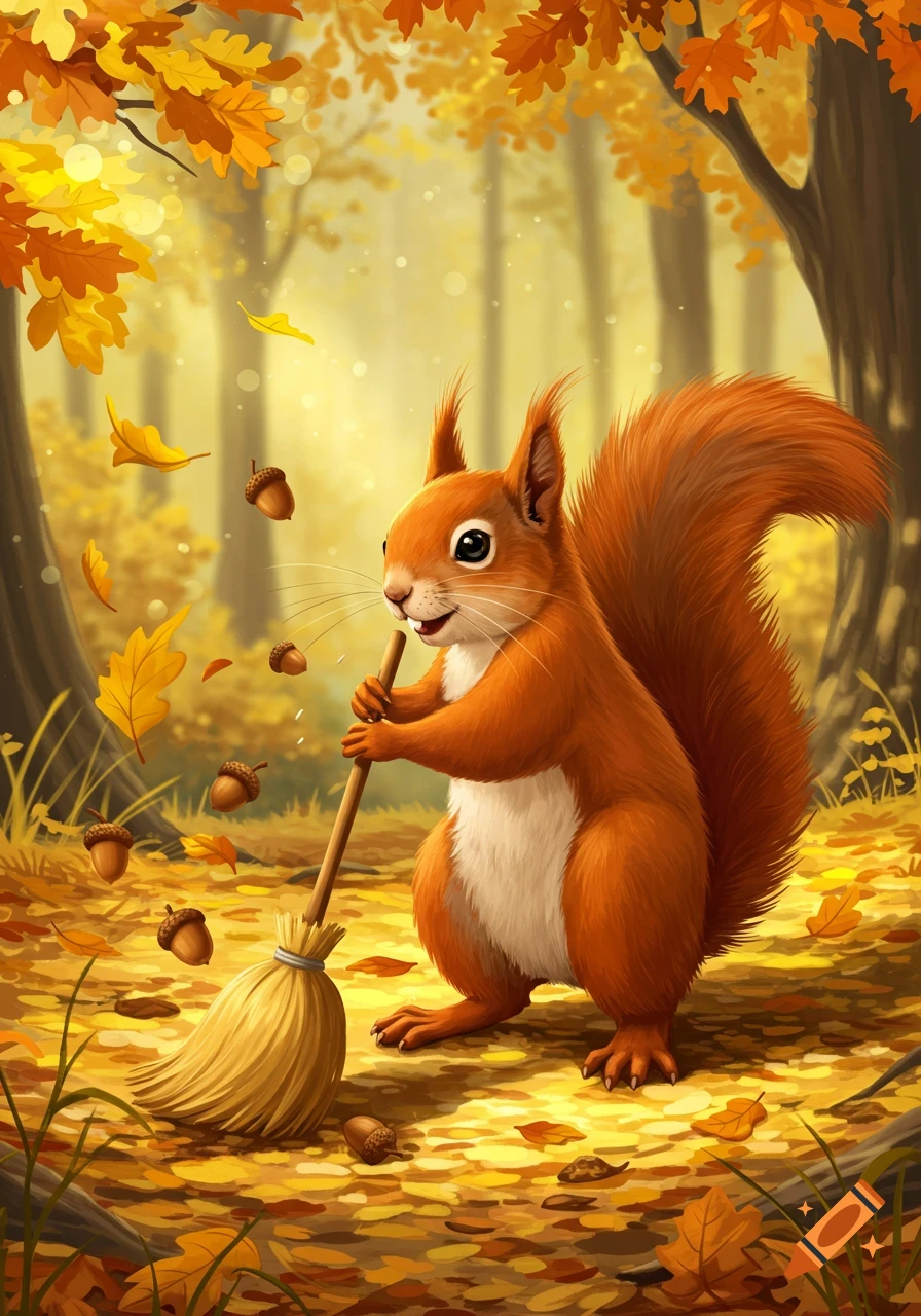 A cute red squirrel sweeps fallen autumn leaves and acorns with a broom in a golden forest.