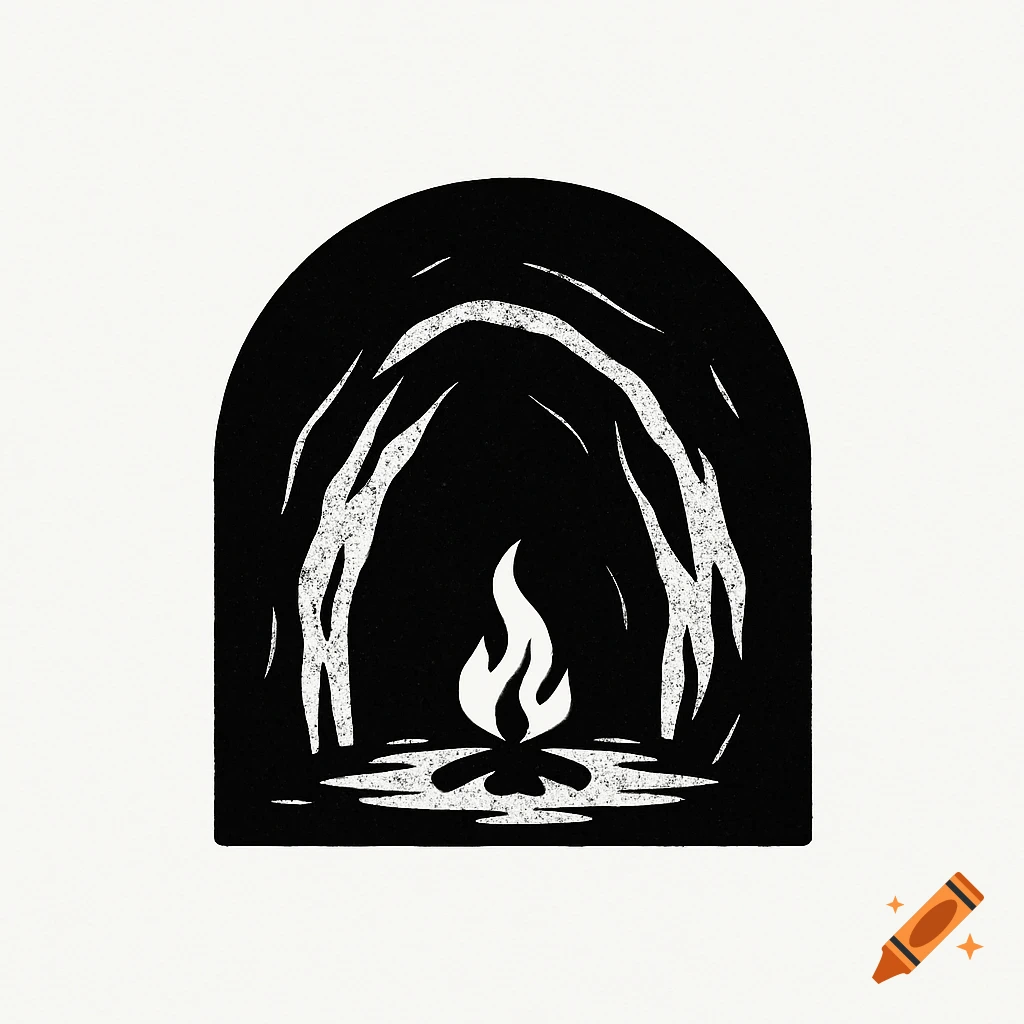 A black and white minimalist logo depicting a dark cave with a small fire burning inside.