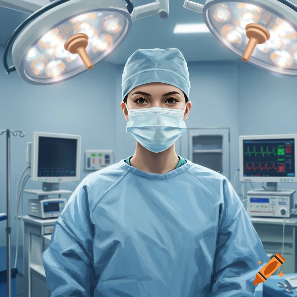 A nurse wearing blue scrubs, a mask, and a cap stands in an operating room with bright lights and medical monitors.
