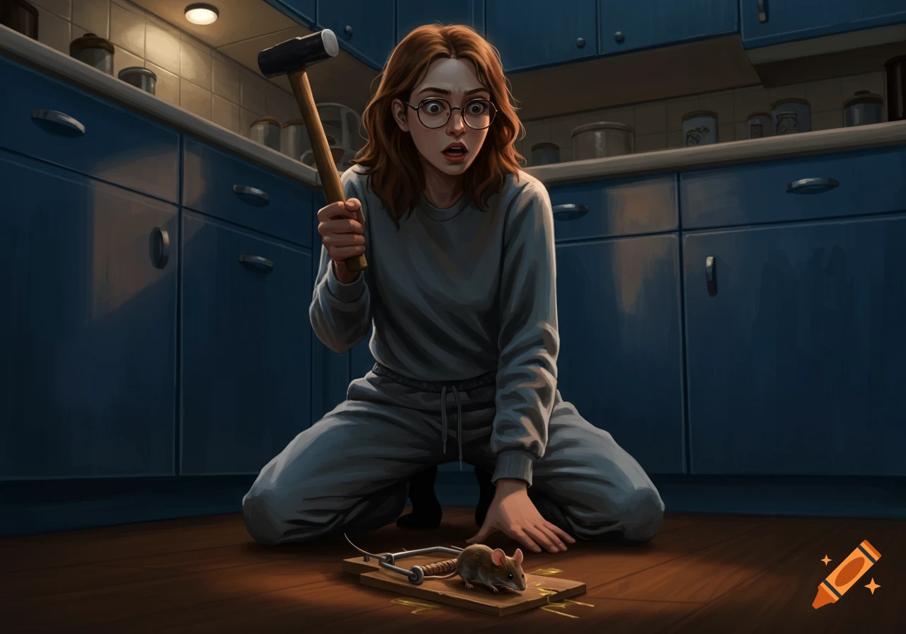 A frightened woman in grey sweatpants kneels in a dark kitchen, holding a hammer over a mouse stuck on a glue trap.