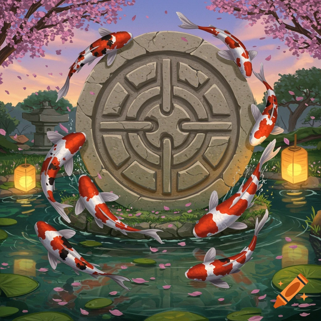 Illustrative image of red and white koi fish swimming around a round stone symbol in a pond with lily pads, cherry blossoms, and lanterns.