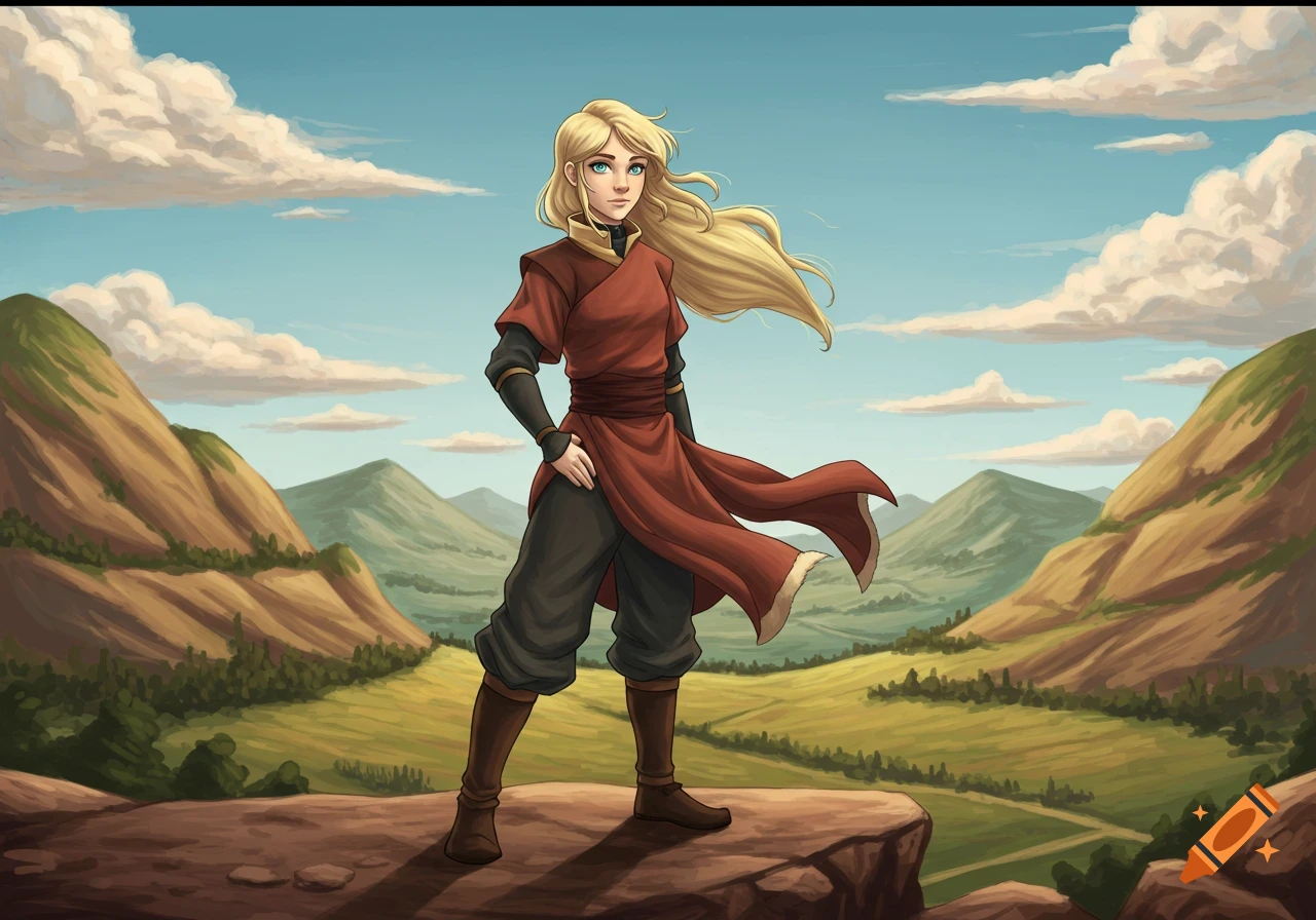 A blonde girl with blue eyes, in the style of Avatar the Last Airbender, stands on a cliff overlooking a green valley with mountains.