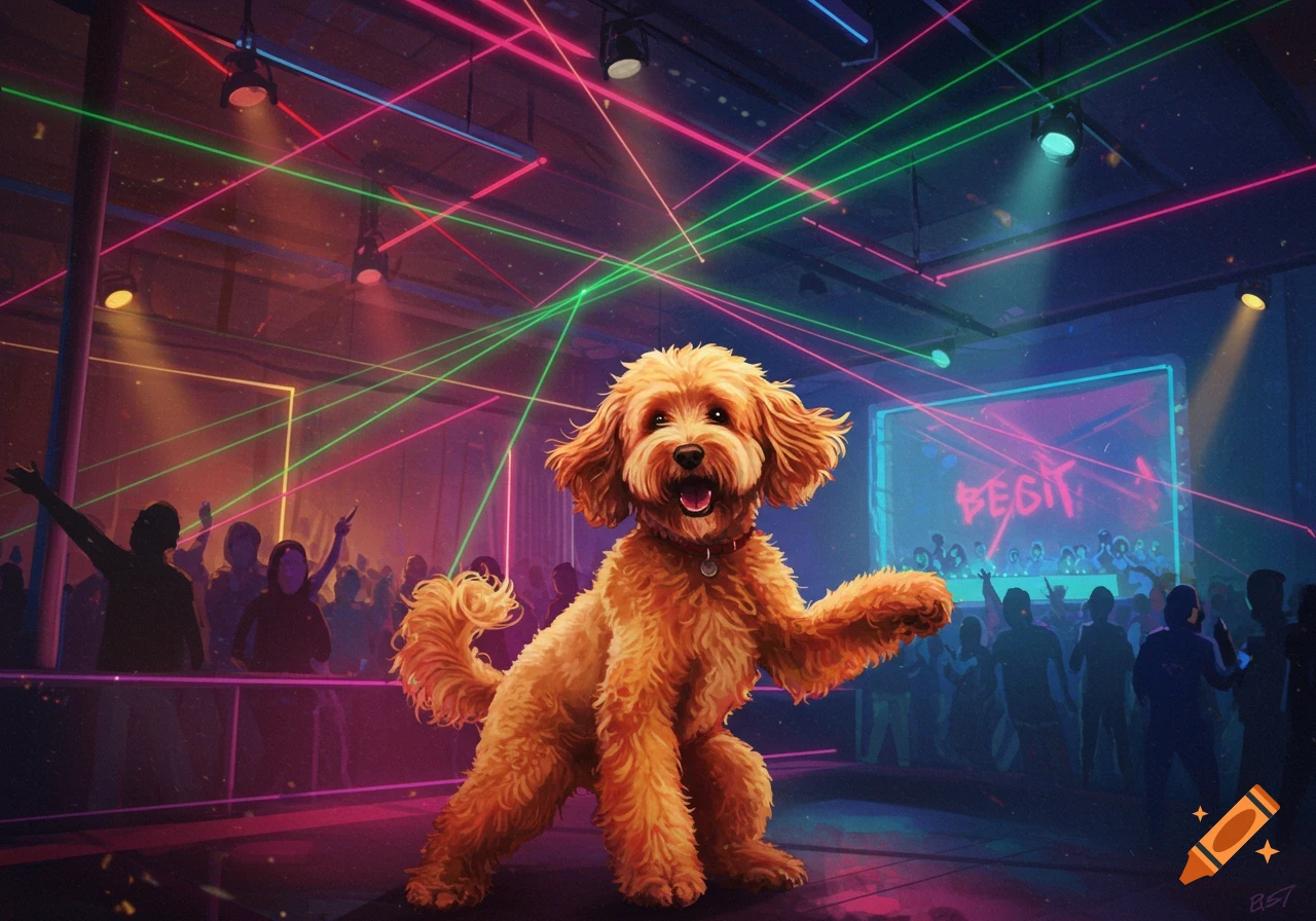 A fluffy golden doodle dog dances happily in a neon-lit club with laser beams and silhouetted people in the background.