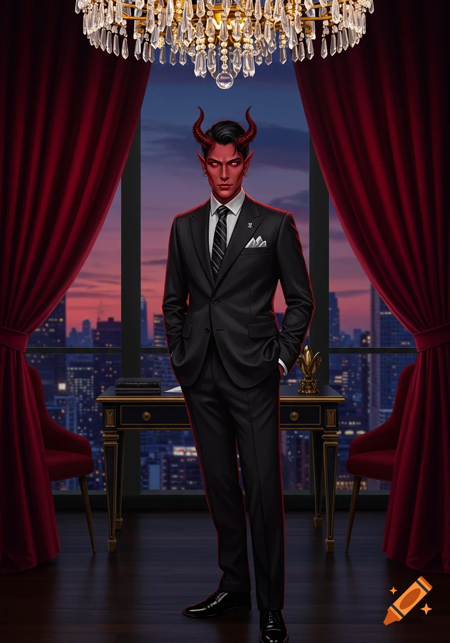 A sophisticated devil character with red skin and horns, dressed in a black suit, stands in a luxurious office overlooking a city at dusk.