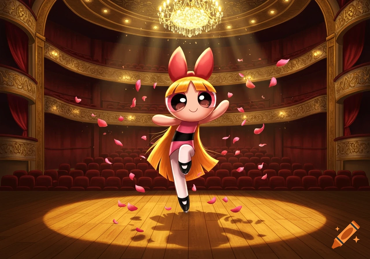 Blossom from Powerpuff Girls tap dancing on a brightly lit theater stage, with rose petals falling around her.