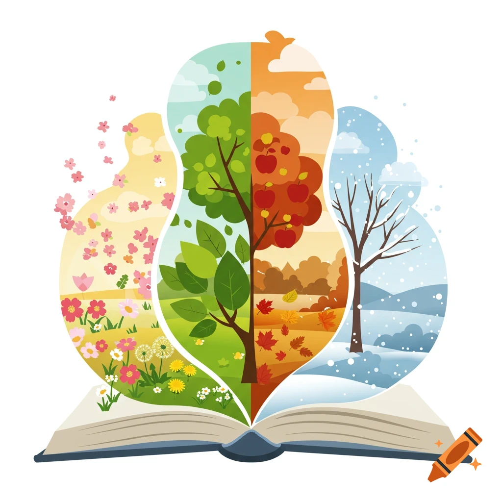 A stylized illustration of an open book with the four seasons emerging from its pages: spring flowers, summer green, autumn leaves and apples, and winter snow.