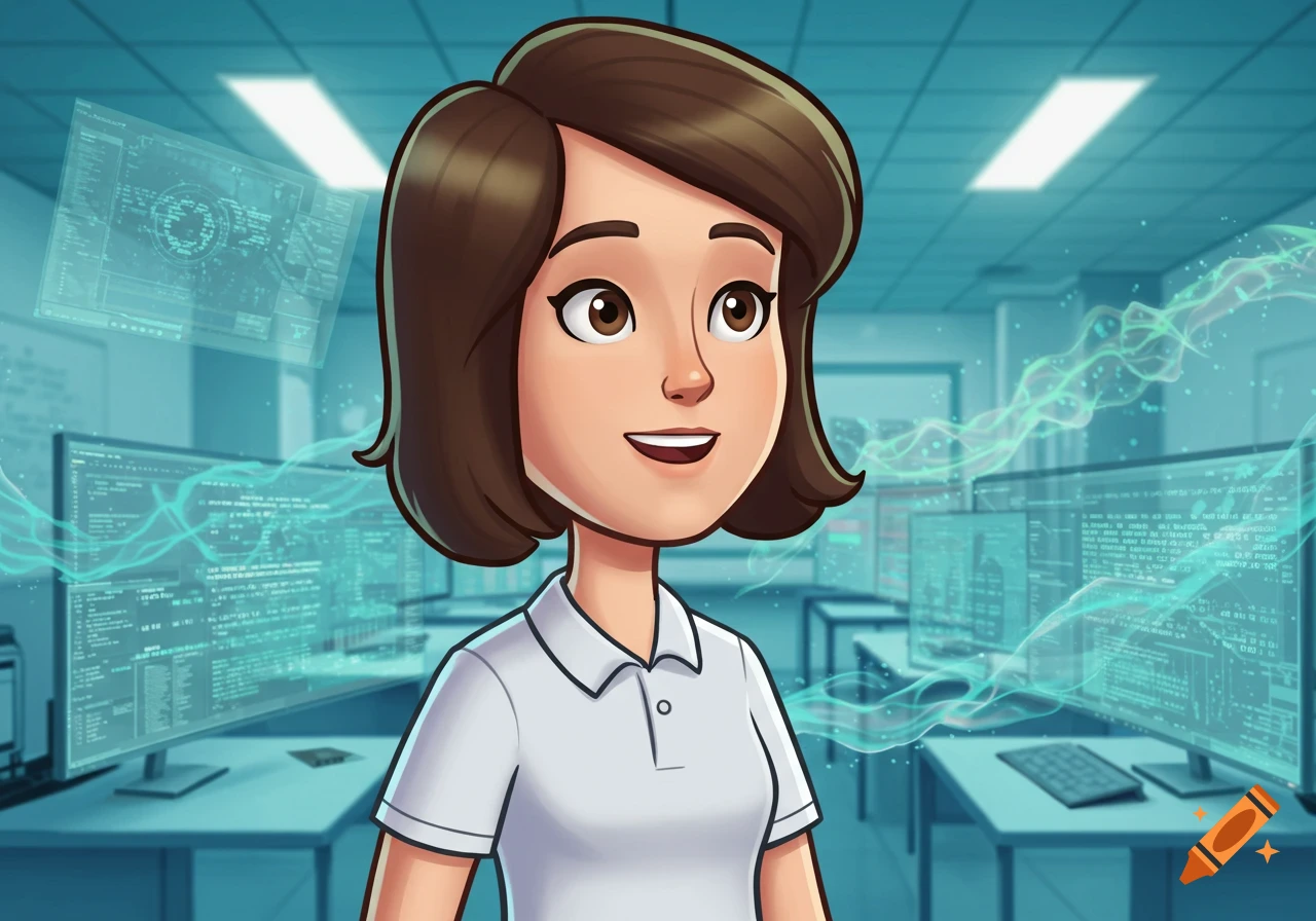 A smiling cartoon woman with brown hair in a white polo shirt stands in a computer lab with glowing digital screens showing data.
