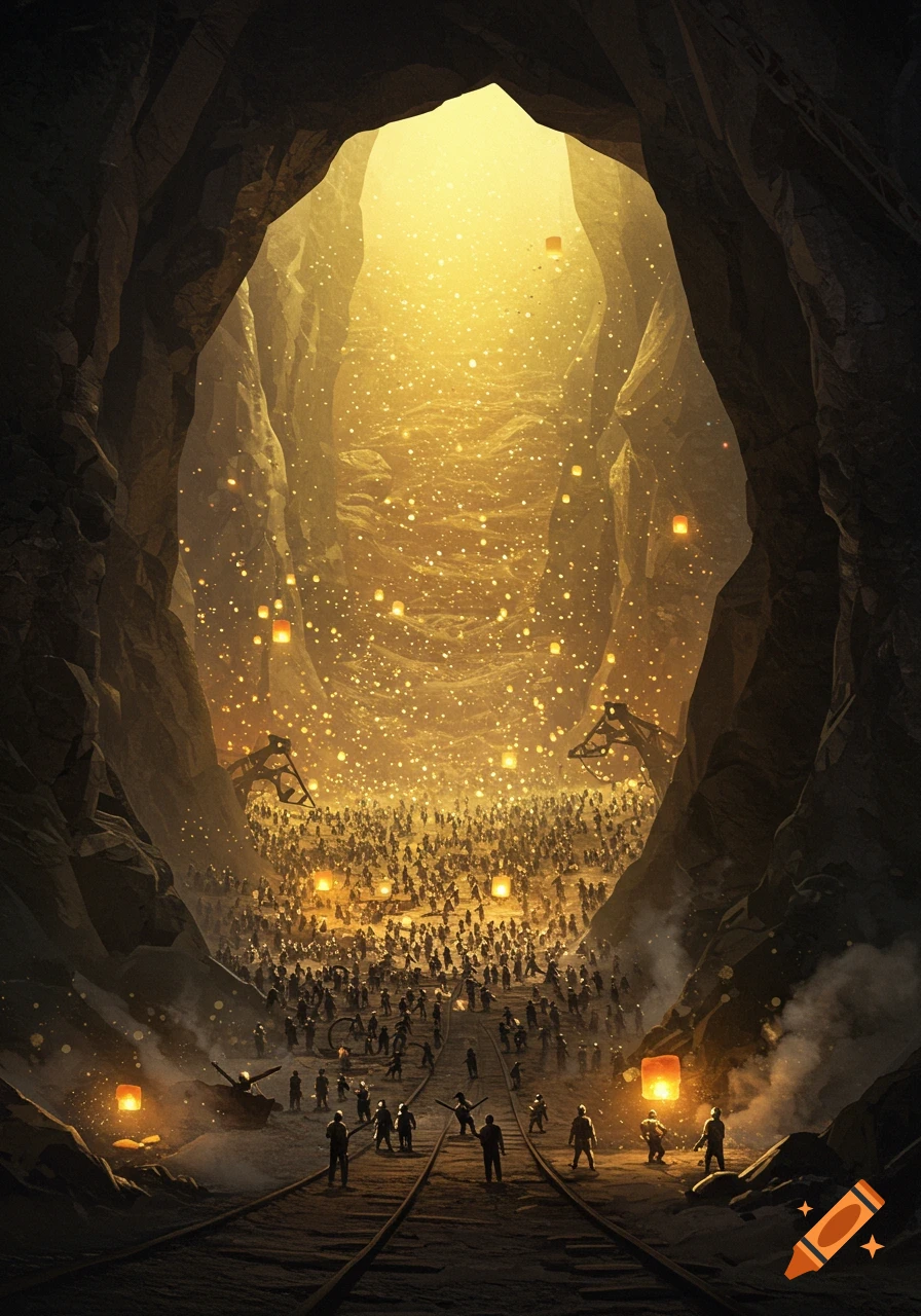 A vast crowd of people within a gigantic, golden-lit cavern filled with floating lanterns and sparkling light, with railroad tracks in the foreground.