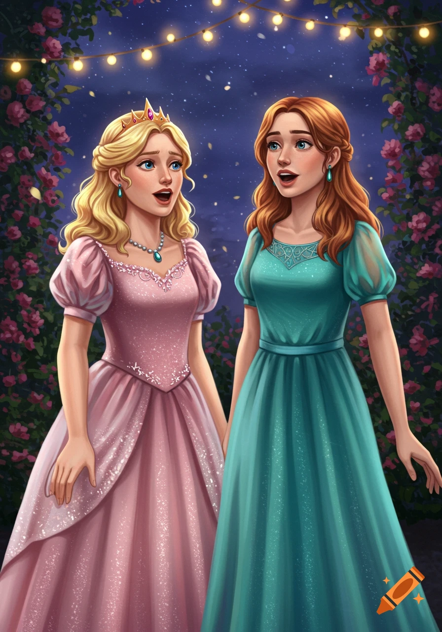 Illustration of two princesses, one blonde in a pink gown and one redhead in a teal gown, singing outdoors at night under string lights and rose bushes.