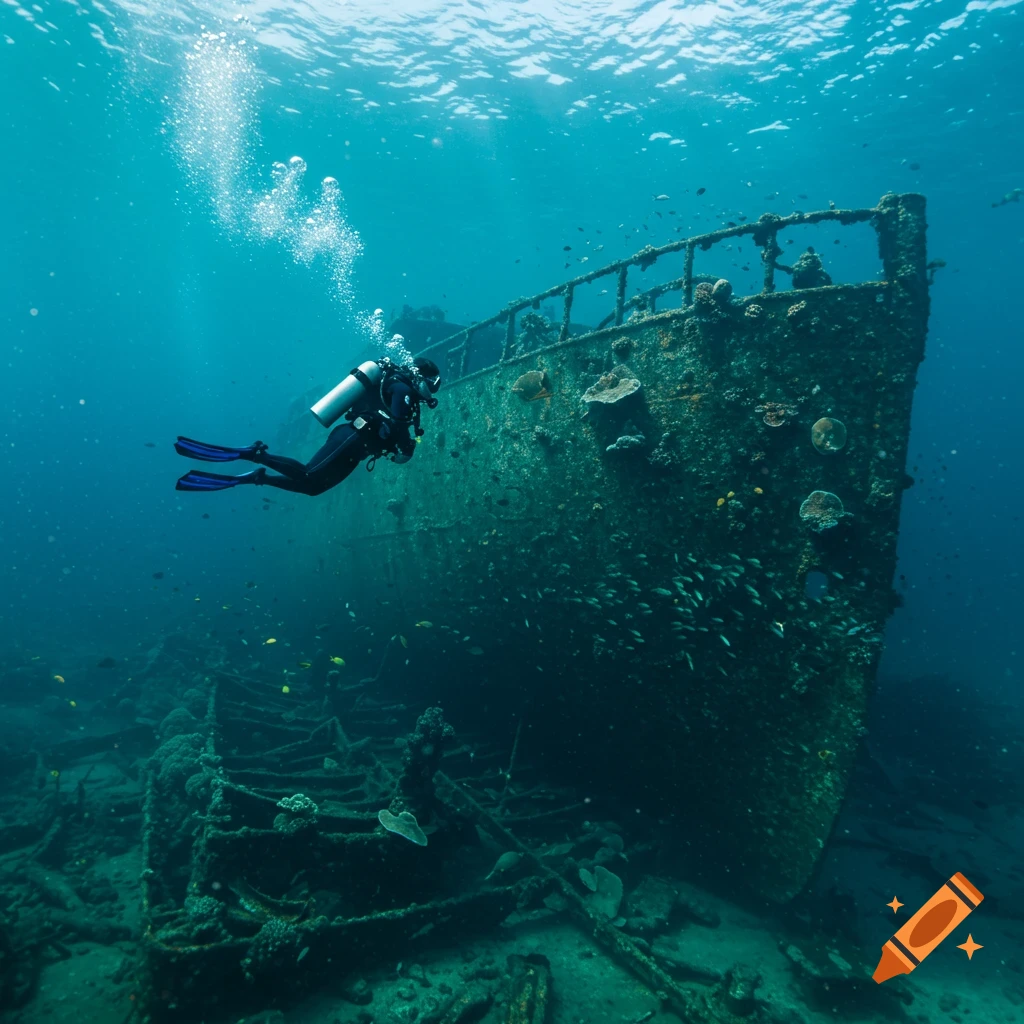 A scuba diver explores a large, algae-covered shipwreck teeming with schools of fish in clear blue water.