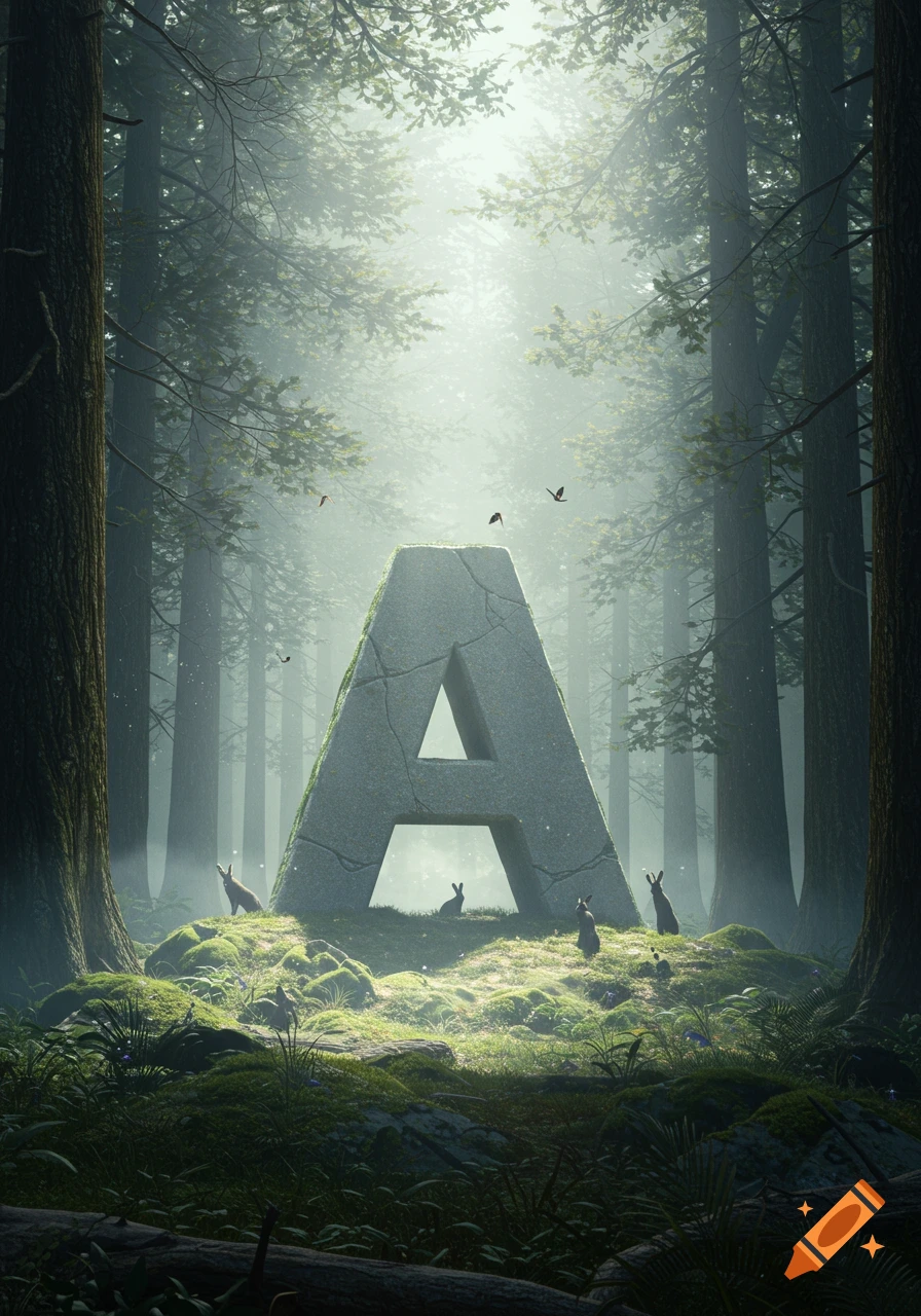 A large, moss-covered stone letter 'A' stands in a misty, sunlit forest, surrounded by rabbits.