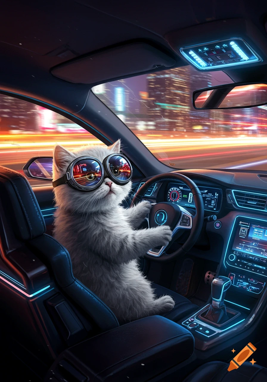 A fluffy white kitten in goggles drives a futuristic car at night with blurred city lights in the background.