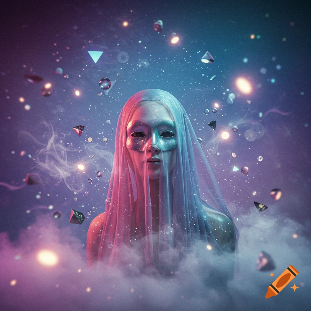 A mysterious figure in a mask and flowing veil, bathed in pink and blue light, surrounded by shimmering lights, geometric shapes, and ethereal clouds.
