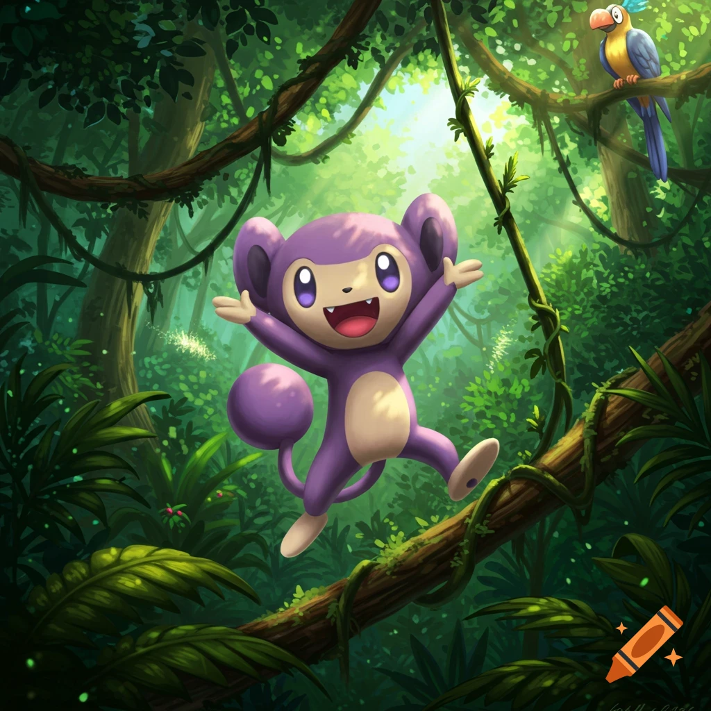 A happy, purple Aipom jumps on a vine in a lush jungle, with a colorful parrot perched on a branch in the background.