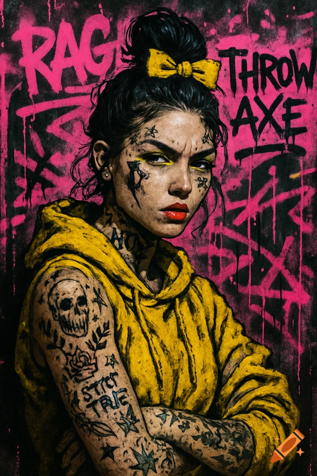 A fierce tattooed woman with a messy bun and yellow bow, wearing a yellow hoodie, against a neon pink graffiti background.