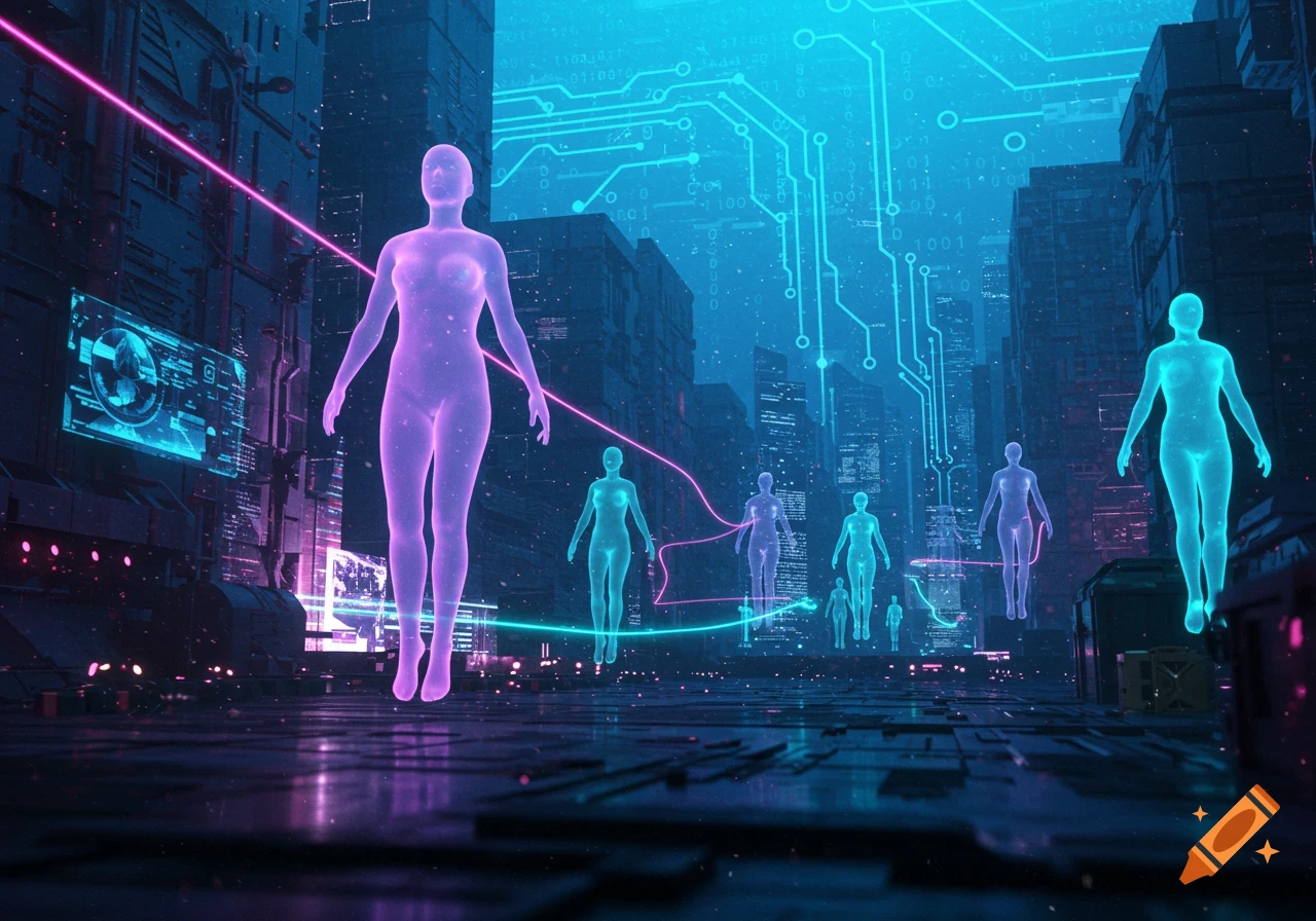 A futuristic cityscape with glowing purple and cyan translucent humanoid figures floating above a reflective surface, surrounded by digital circuit patterns and data streams.