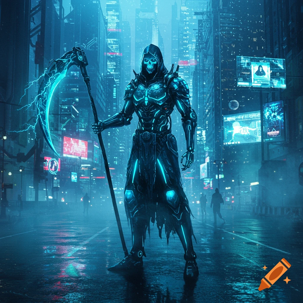 A cybernetic grim reaper in glowing blue armor with an electric scythe stands on a wet street in a futuristic city.