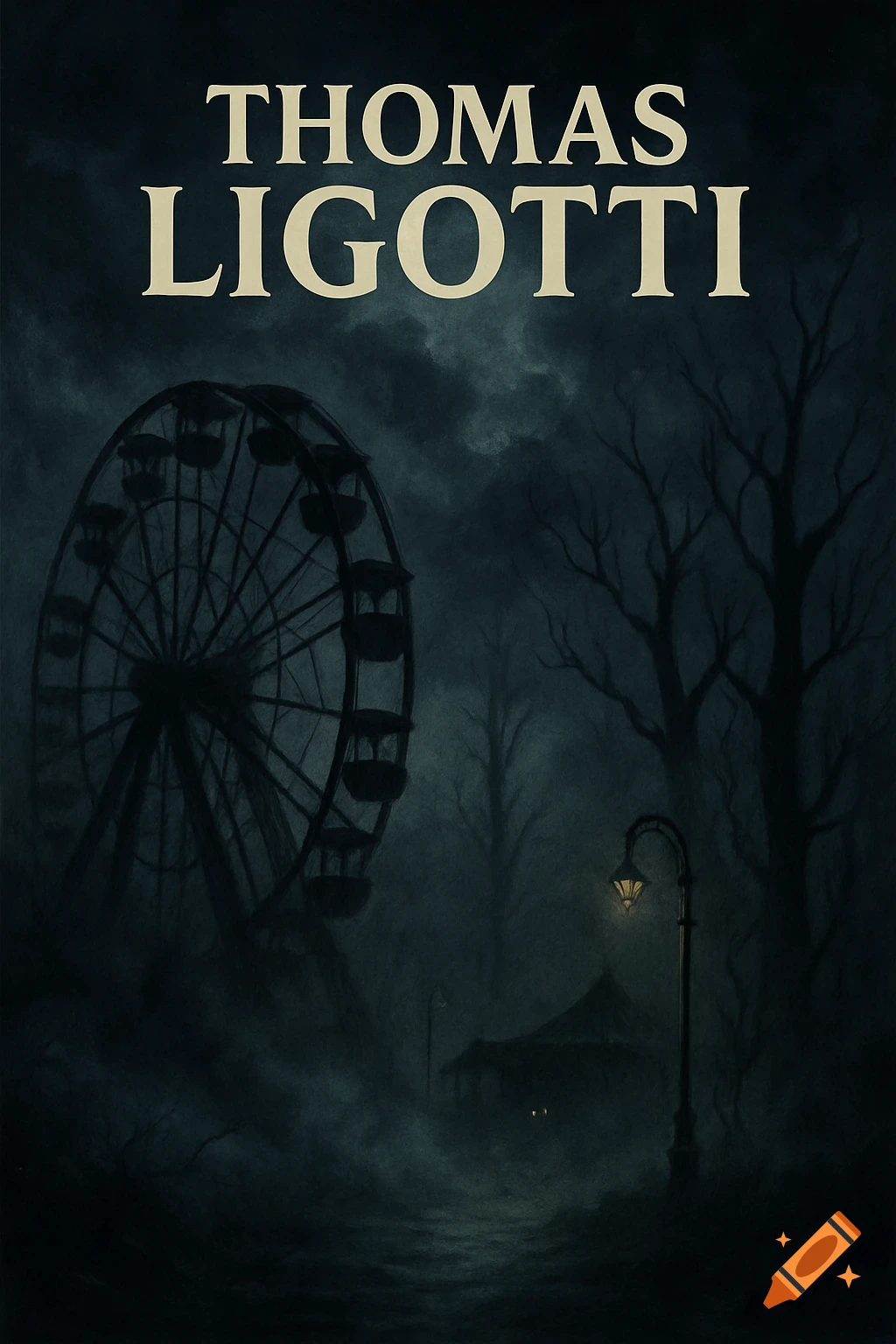 Gothic style book cover of a dark, eerie carnival with a Ferris wheel, bare trees, and a glowing street lamp in mist. Text: THOMAS LIGOTTI.